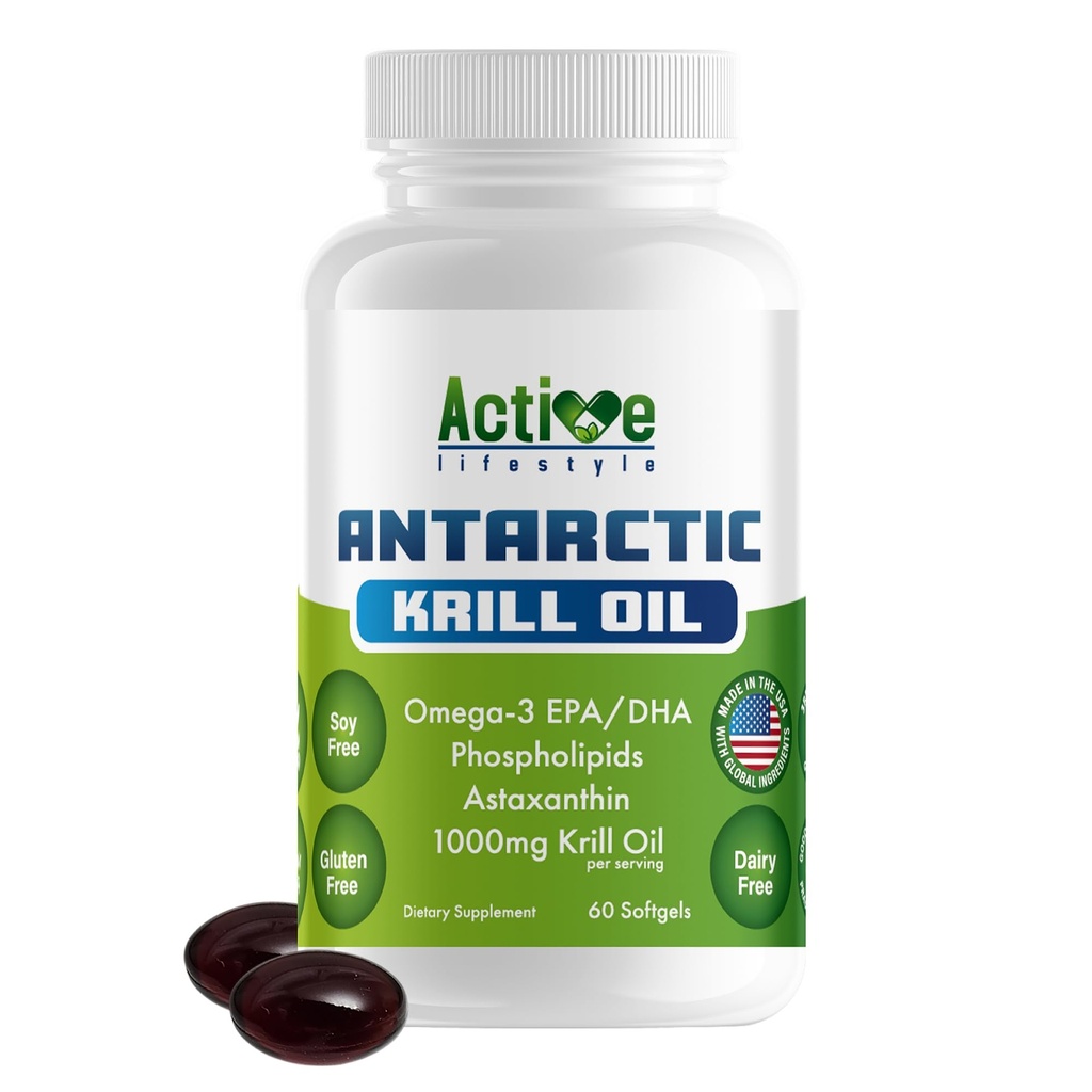Active Lifestyle Antarctic Krill Oil Supplement, High Absorption EPA, DHA, Astaksantyna i fosfolipid, Red Krill, GMO Free, Gluten Free, Soy Free, Dairy Free, Lab Tested, Made in USA