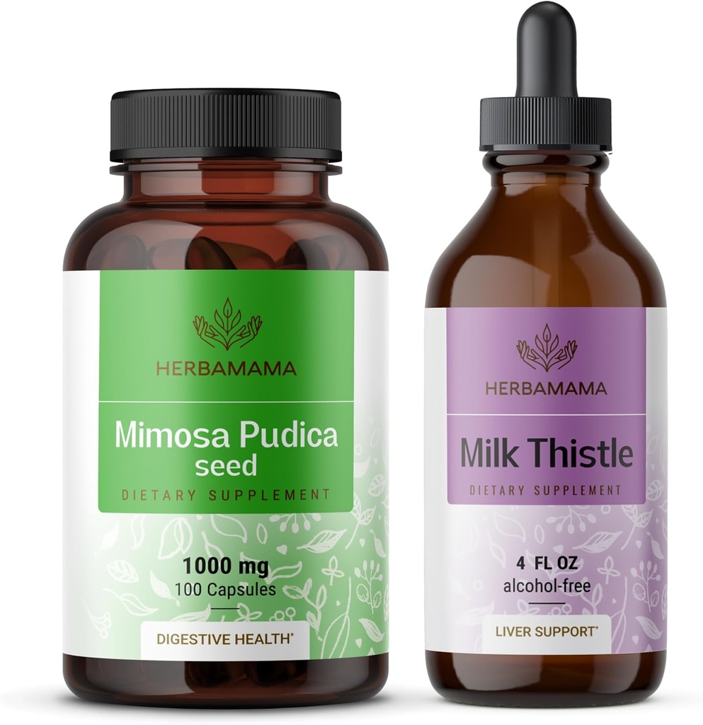 HERBAMAMA Mimosa Pudica and Milk Thistle Kit - Bundle of 1000 mg Mimosa Pudica Capsules & Milk Tistle Tincture 4 fl oz - Vegan, Non-GMO, Sugar & Alcohol-Free - 2 Pack