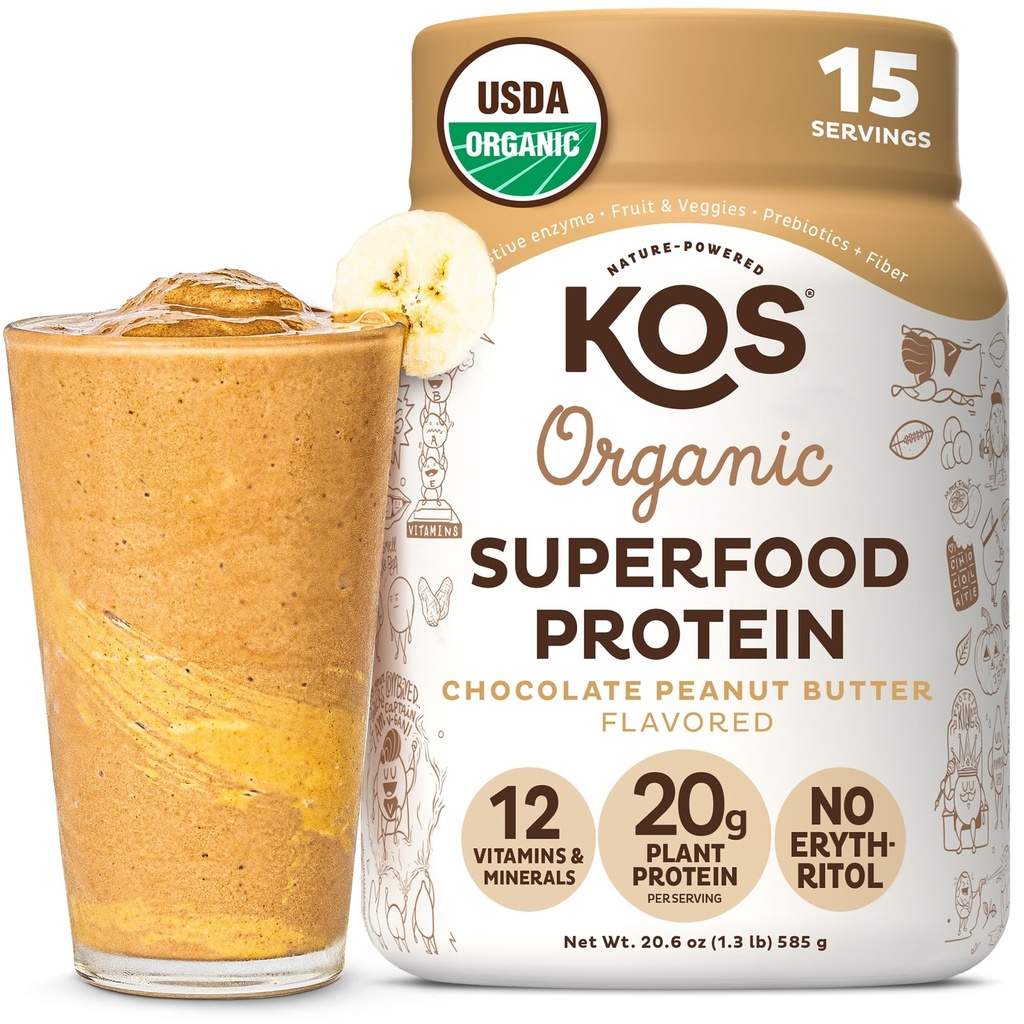 KOS Organic Plant Based Protein Powder, Czekoladowy Masło orzechowe - Pyszne Vegan Protein Powder - Keto Friendly, Gluten Free, Dairy Free & Soy Free - 15 Służenia