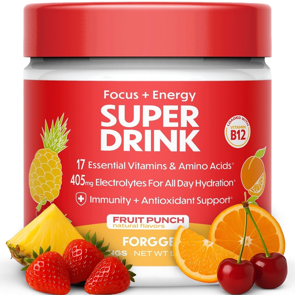 Forgge Healthy Energy Drink Powder Mix - Czysta kofeina + B12, B6, C & D Witaminy - Bezcukrowy napój energetyczny Proszek z elektrolitami, Amino Acids, Przeciwutleniacze, Lwy Mane - Wegan, Keto- Friendly - 30 SVG, Owoce Punch