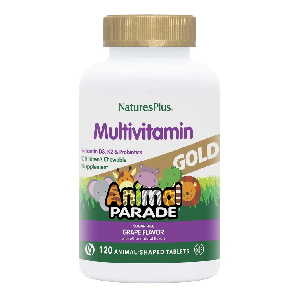 Nature Plus Animal Parade Gold Multivitamin dla dzieci, Flavor winogronowy - 120 Rozbieralne tabletki zwierzęce - Wegan, Gluten Free - 60 Servings