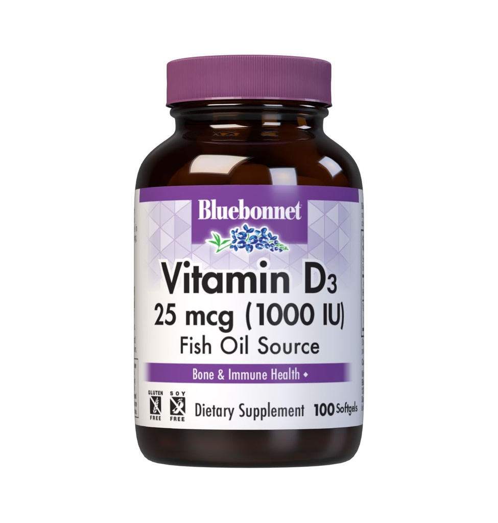 Bluebonnet Nutrition Witamina D3 1000 IU Softgels, Pomoc w mięśniach i wzrost szkieletu, Cholecalciferol z oleju rybnego, Nie GMO, Gluten Free, Soy Free, Dairy Free, 100 Softgels