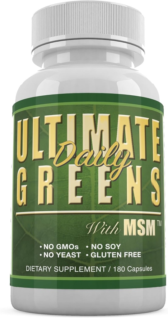 Daily Health, Ultimate Greens with MSM 1925mg Vegan Friendly Natural Ingredients Superfood Vegetable Nutritional Alkalising Immune Energy Supplement 180 Kapsułki (1 Miesiąc dostaw)