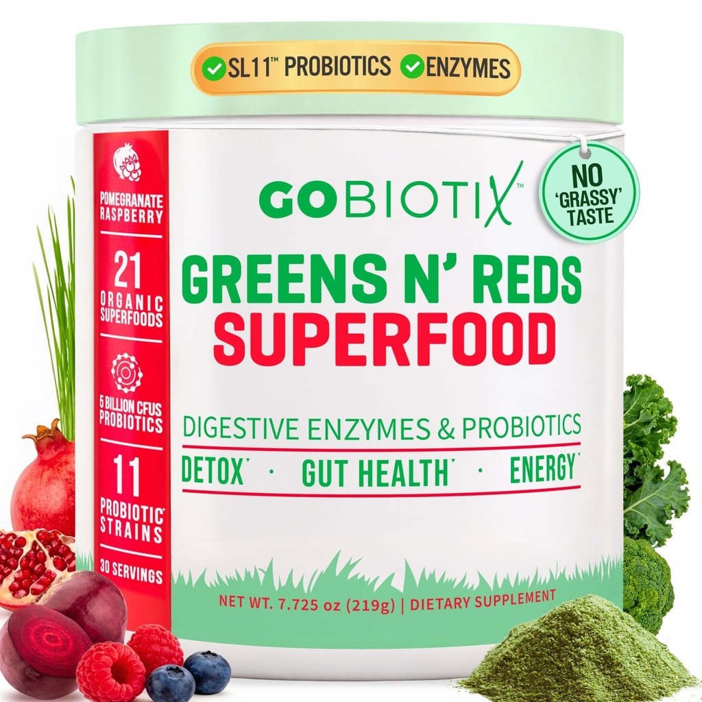 GOBIOTIX Super Zielone i czerwone proszku - Czerwona i zielona Superfood - Suplement Probiotyczny - Enzymy trawienne i Buraka w proszku - Organic Whole Foods Dietetyczny suplement (Pom Malina, 1 Pack)