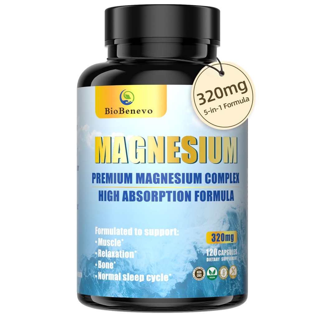 5- in-1 Kompleks magnezu 124; 320mg glicynianu magnezu, jabłczan, cytrat... 124; Wsparcie dla snu, relaksacji mięśni i metabolizmu energii 124; Wysoka absorpcja 124; Wegan, Non-GMO 124; 120 Kapsułki