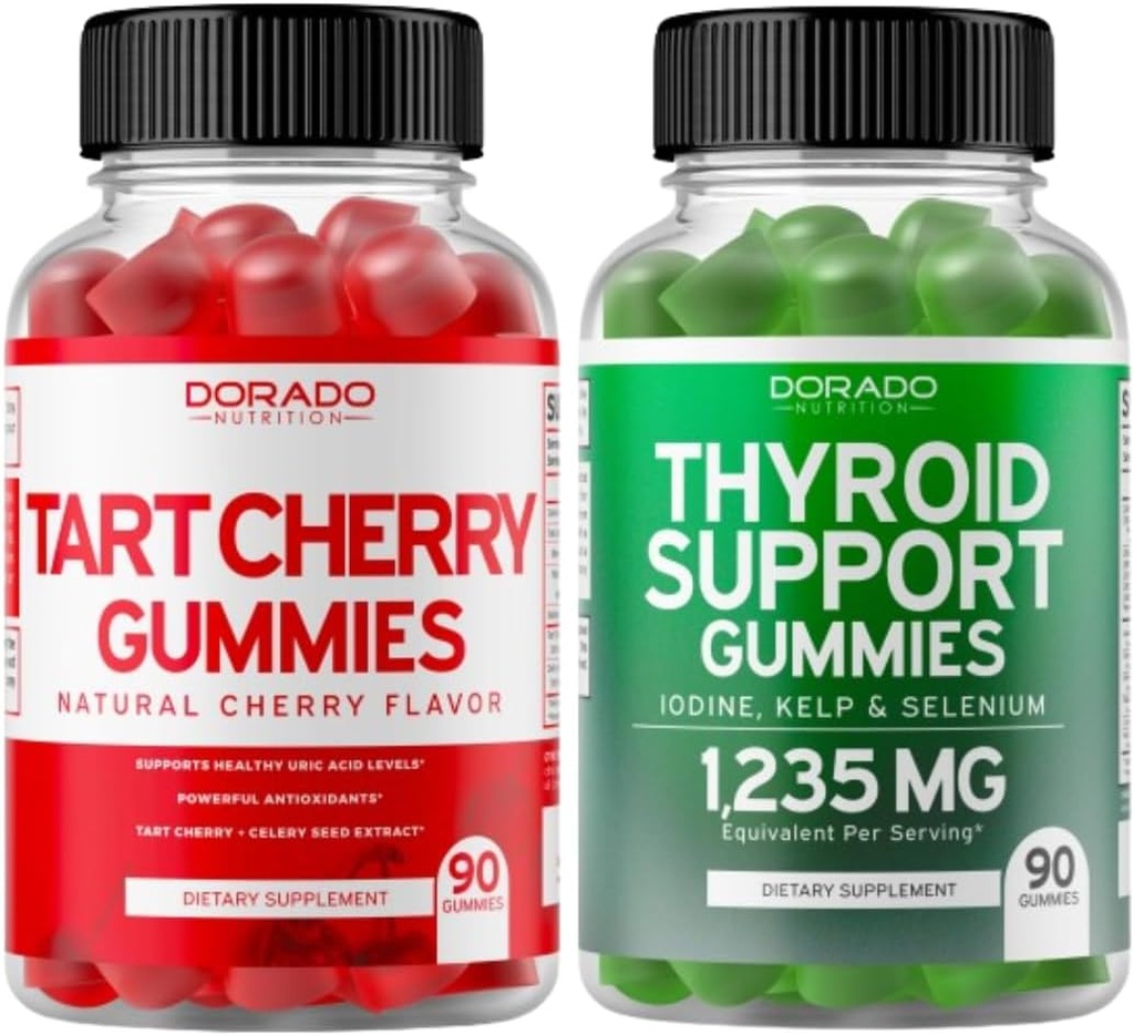 Tart Cherry (90 Gummies) Wsparcie poziomu kwasu moczowego dla dorosłych - Potężny przeciwutleniacz z Seed Seler i Tyroid Support (90 Gummies) Ashwaganda & Bladderwrack Supplement - Vegan & Made in USA