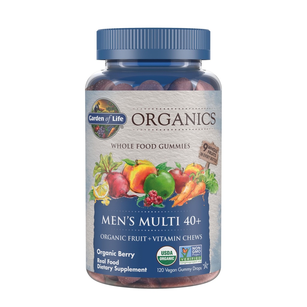 Garden of Life Organics Men 40 + Gummy Vitamin - Berry - Certified Organic, Non- GMO, Wegan, Kosher Complete Multi - Metyl B12, C & D3 - Gluten, Soy & Dairy Free, 120 Prawdziwe Gummeje Owocowe