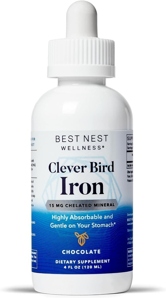 Best Nest Wellness Liquid Iron - Suplement do wsparcia zdrowia mózgu z Albion Tastefree Żelazo - Pomaga Energia i Czerwona Krew Produkcja - Biodostępna Żelazna Formuła - Czekolada, 4 fl oz (120 Słupki)