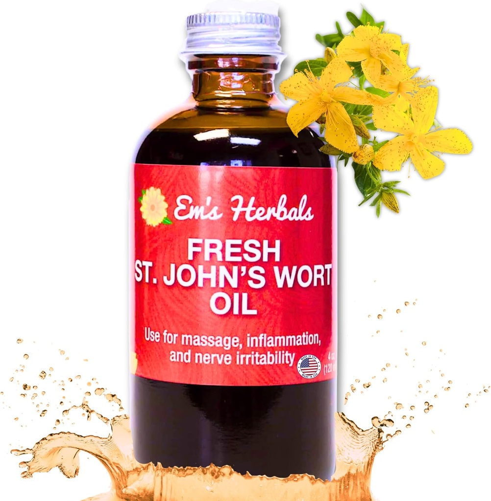 Em 's Herbals Fresh St. John' s Wort Oil - Wild Harderoved in USA, Natural Solution for Nerve Discomfort, Erupcje skóry, Pielęgnacja rany, Scar, i Stretch Marks - Skóra, Twarz, Ciało, Włosy, Olej do masażu (4 Oz)