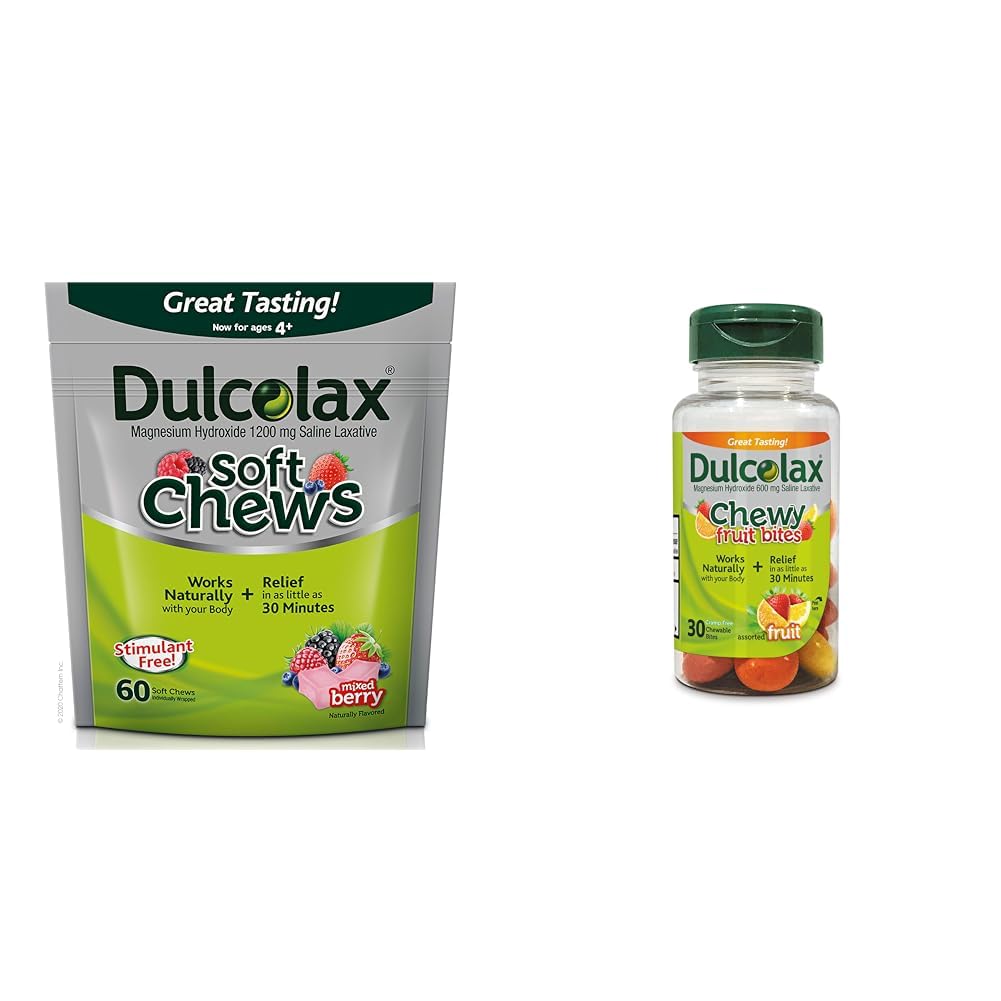 Dulcolax Soft Chews Saline Laxative Mixed Berry (60ct) Delikatne zaparcia Relief, Magnezu Hydroxide 1200mg & Chewy Fruit Bites, Saline Laxative, Assorted Fruit (30ct) Bezskurczowe Zaparcia Relief