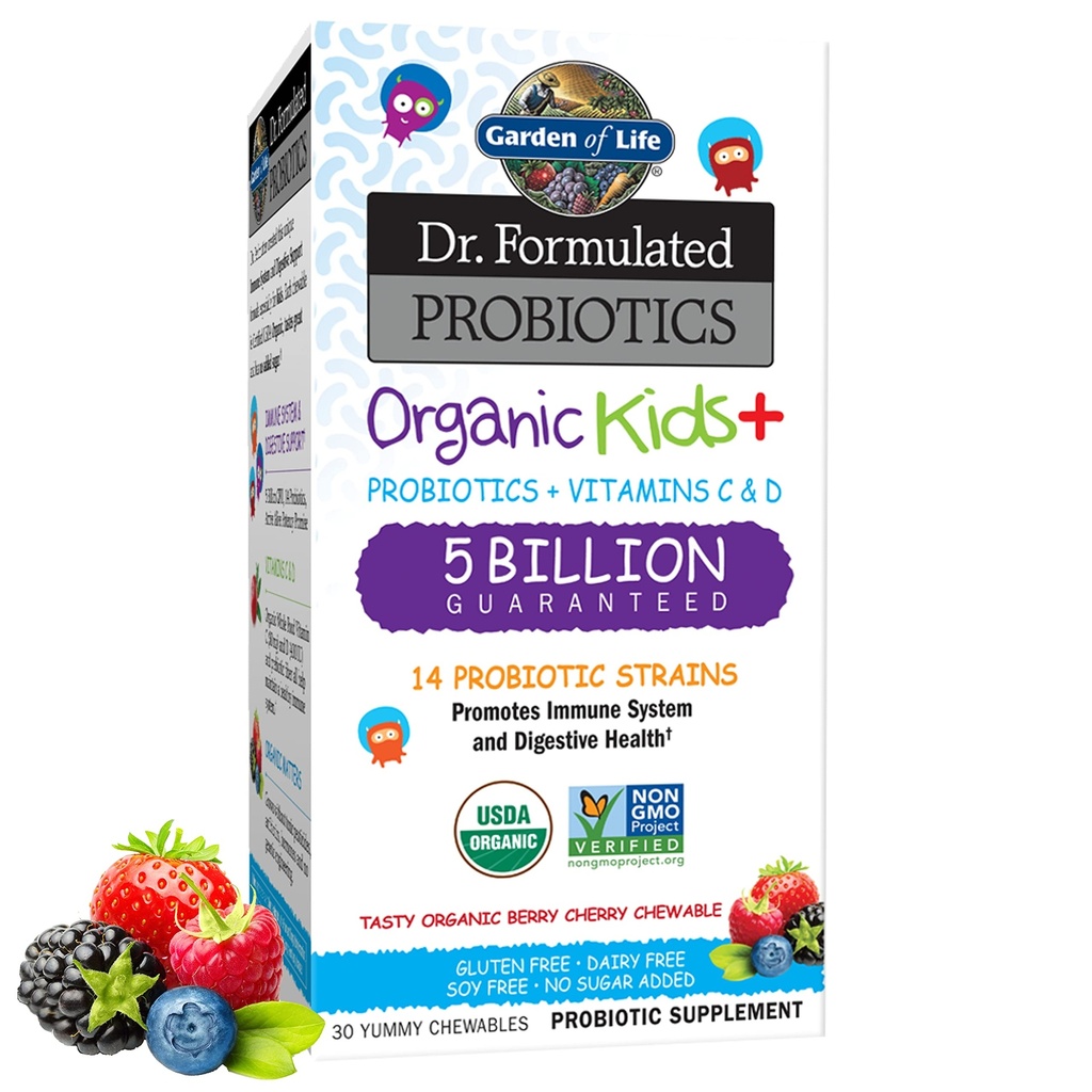 Ogród Życia Dzieci Probiotyki, Dr. Tworzywa Probiotyki Organiczne Dzieci + Witamina C & D, Wisienka Wiśnia, Gluten Dairy & Soy Darmowe immunologiczne i suplement diety, 30 Chewables