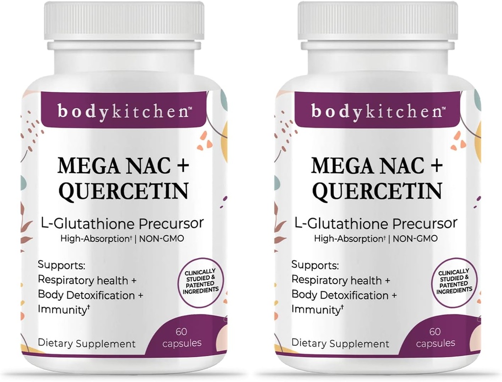 Kuchnia ciała Mega NAC (N- Acetyl Cysteine) 600 mg z Quercetin, wspomaga zdrowie oddechowe i funkcje immunologiczne i promuje detox wątroby i nerek, Veggie Caps, (Opakowanie 2)