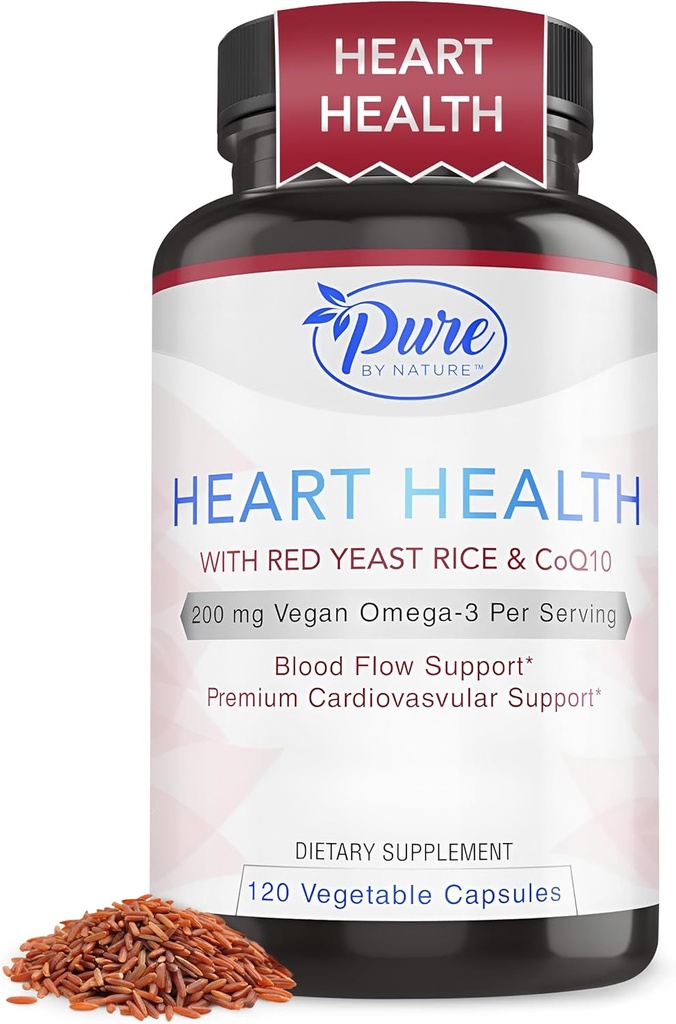 Czysty przez przyrodę czerwony ryż drożdży z CoQ10 Suplement dla mężczyzn i kobiet, 200mg Vegan Omega 3 na porcję, Gluten- Free Non-GMO, 120 kapsułki