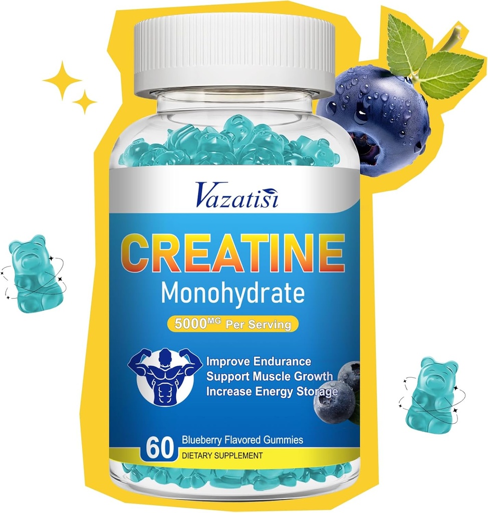 Monowodne Gummie dla Kobiet i Mężczyzn, Sugar Free Vegan Creatine Supplement for Build Muscles, Zwiększenie energii i siły, Blueberry Flavor, 60 Hrabia