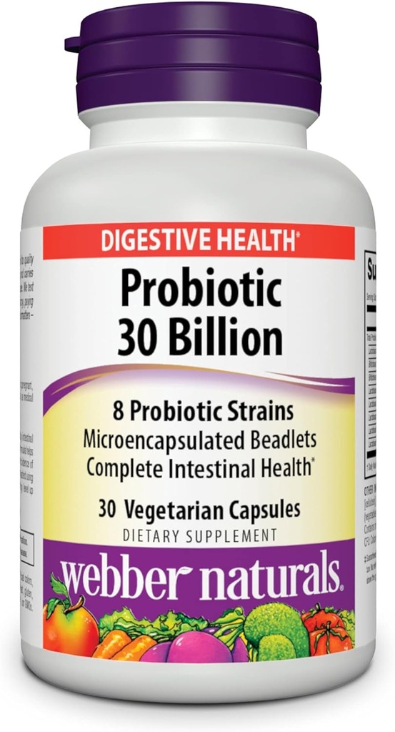 Webber Naturals Probiotyki, Wysoka potencja, 30 Miliard CFU, dla mężczyzn, kobiet i dorosłych, Stabilny półka (nie wymaga chłodzenia), 8 Probiotyczne cieśniny, 30 Kapsułki wegetariańskie, dla zdrowia digestive