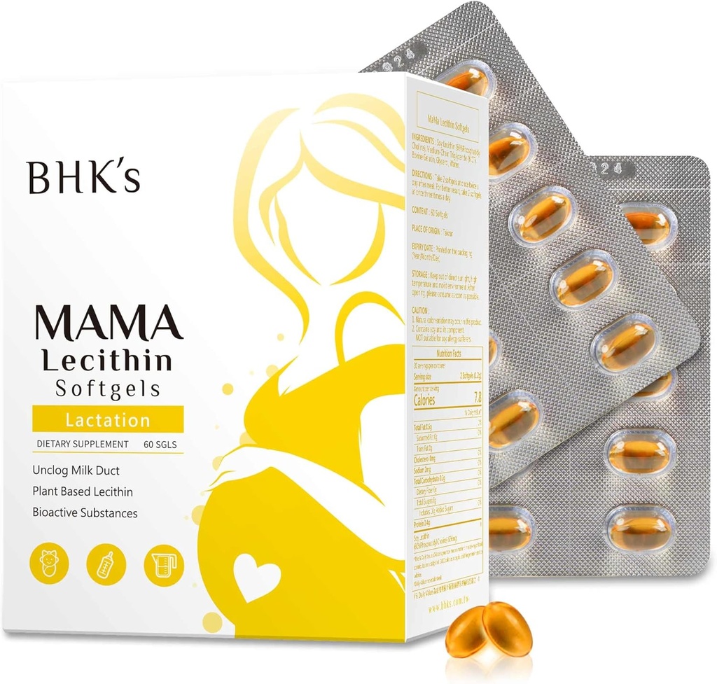 BHK Mama Lecithin Softgels, Unclog piersi Ducts for Smoother Breastfeeding, Suplement do ciąży, Unikaj Zatkanych Kawałków Mlecznych, 60 softgels, 2-tygodniowe dostawy