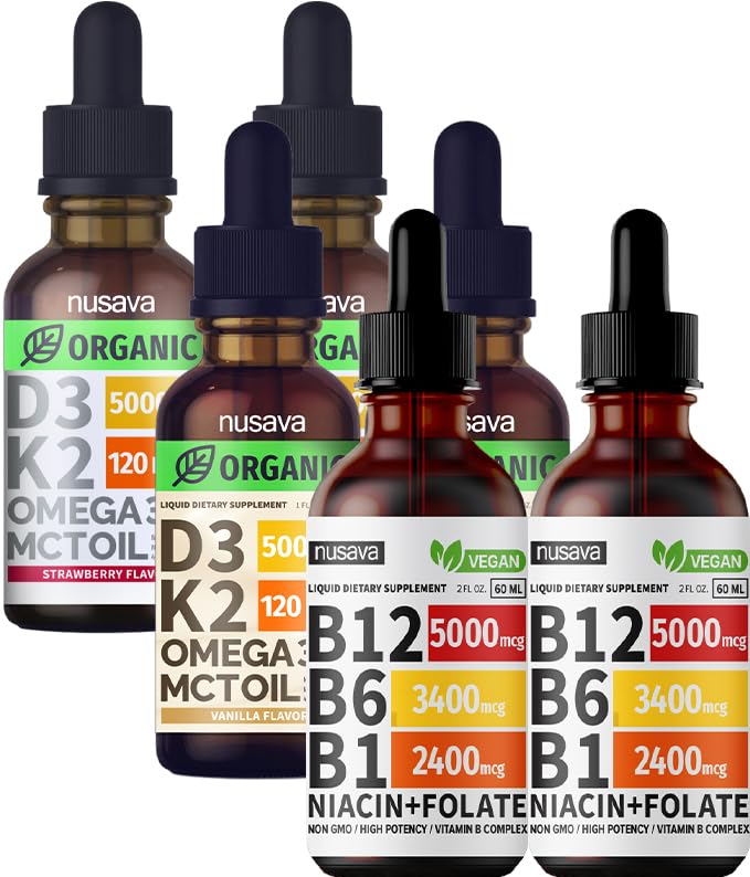 Nusava Witamina B12 Pas kropli płynnych, Truskawkowy aromat D3 K2, & Wanilia aromat D3 K2 - Pothent Liquid Vitamin for Heart, Energy, Mózg i Wsparcie immunologiczne - Nie- GMO, Gluten- Free, 2pk Każdy
