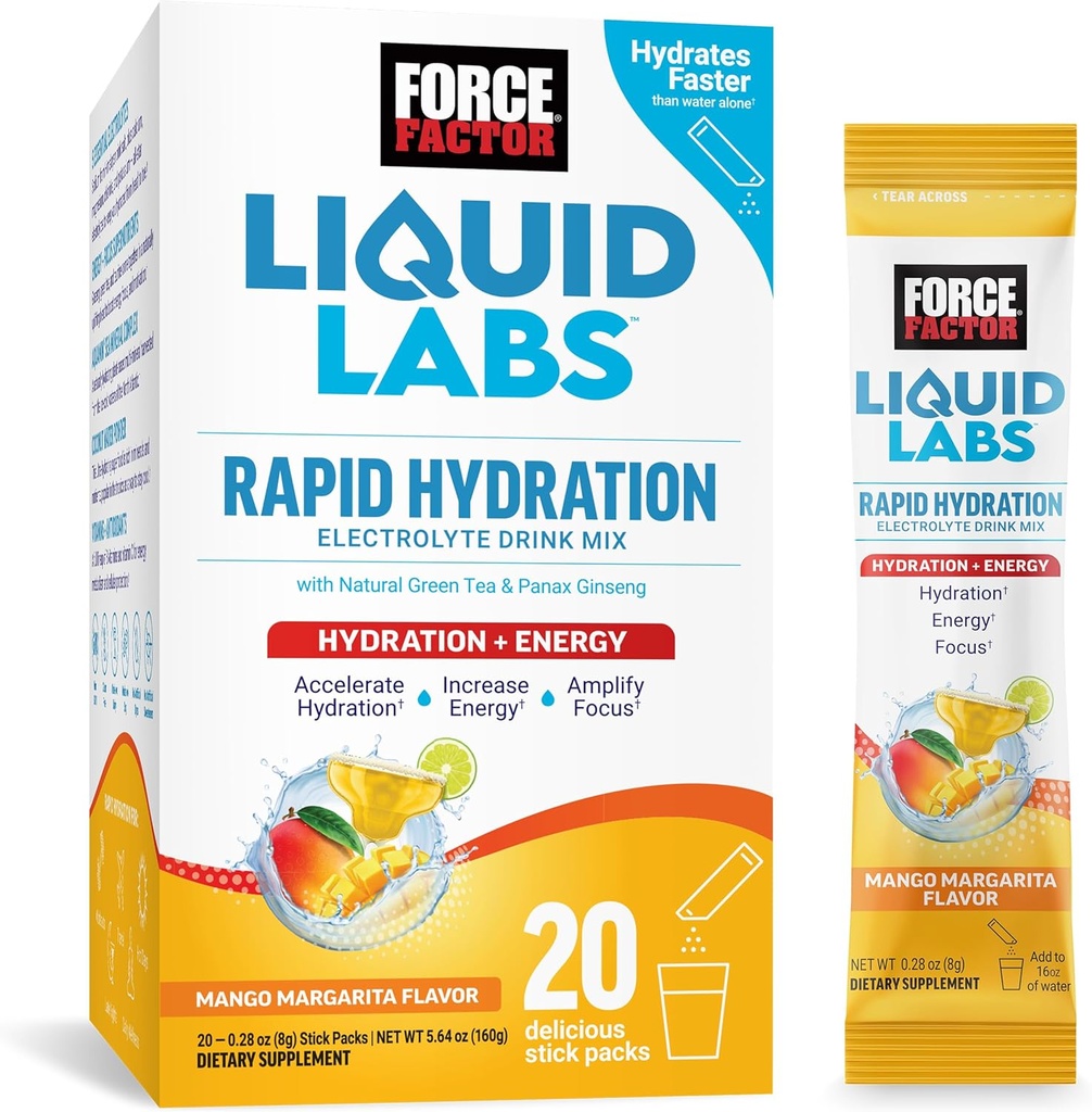 Force Factor Liquid Labs Electrolytes Pakiety proszkowe - Mango Margarita - Energy Hydration Pakiety do produkcji wody elektrolitowej z 5 Elektrolitów eterycznych, Witaminy, Minerały i Antyutleniacze, 20 Pakiety stick