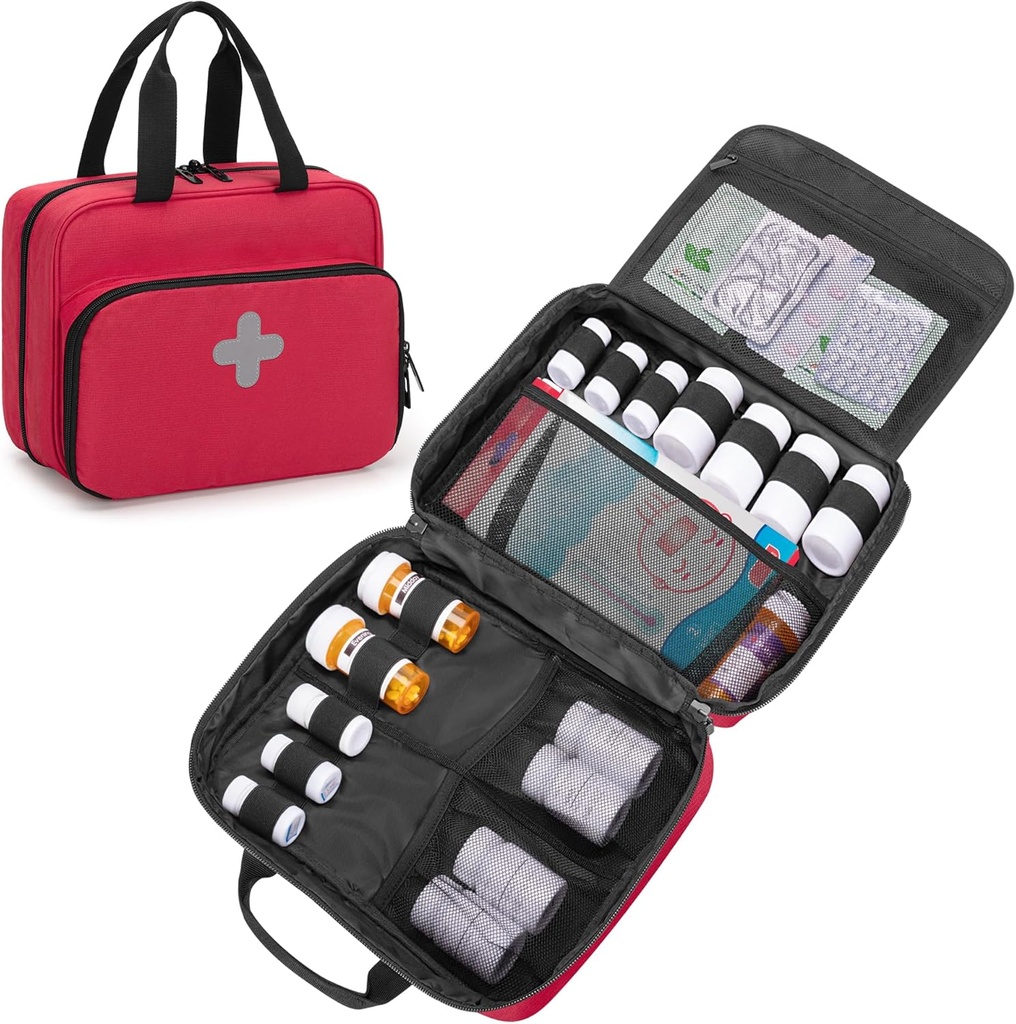 CURMIO Pill Bottle Organizer Portable Medicine Bag, Butelki z zamkniętymi receptami do butelek, Witaminy, Suplementy medyczne do przechowywania w domu i podróży, Czerwony (Pusty worek lekarski)