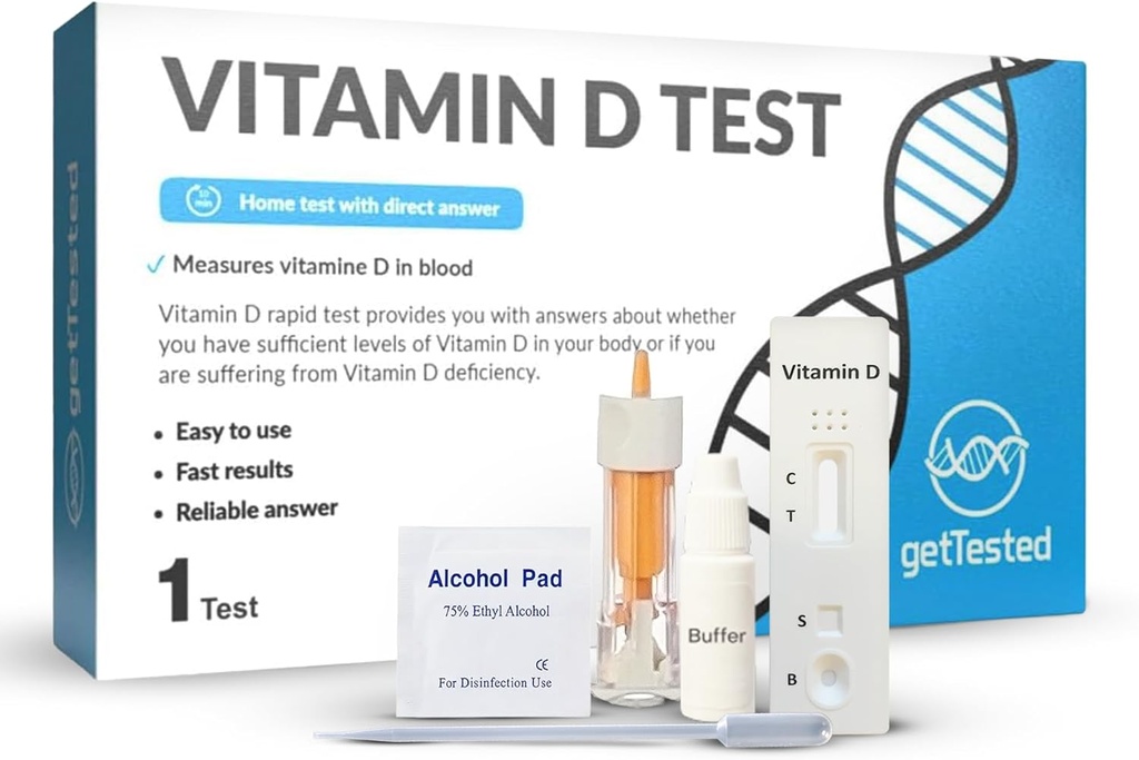 GetTested witaminy D Test Kit w domu - Samo Test na niedobory witaminy D - Szybkie, Dokładne wyniki - Łatwy w użyciu - Nie wymaga laboratorium - Zawiera Lancet Buffer Cassette - Finger Prick Blood Test