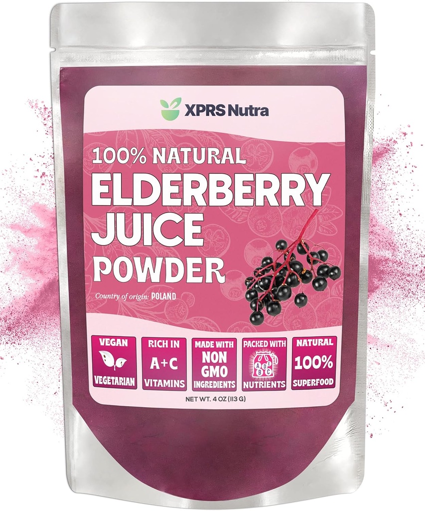 XPRS Nutra Sok z jagody Elderberry w proszku - Proszek z jagody Elderberry Organic Fruit Juice Mix - Sproszkowany suplement z jagód Elderberry bogaty w witaminy A i C (4 oz)