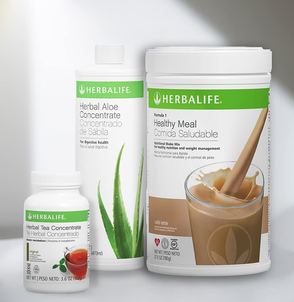 Trio Combo HERBALIFE Formuła 1 Zdrowy odżywczy shake mix (Cafe Latte 780g) -Herbal Aloe Concentrat Pint (Original 473ml) - Herbal Tea Concentrat (Original 102g)