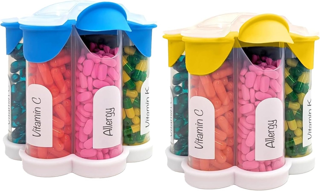 Codzienne, tygodniowe, Monthly Supplement Bottle, Cute Blossom Pill Dispenser z 7 Komory XL (2 Pack Combo) (Jasnoniebieski i żółty)