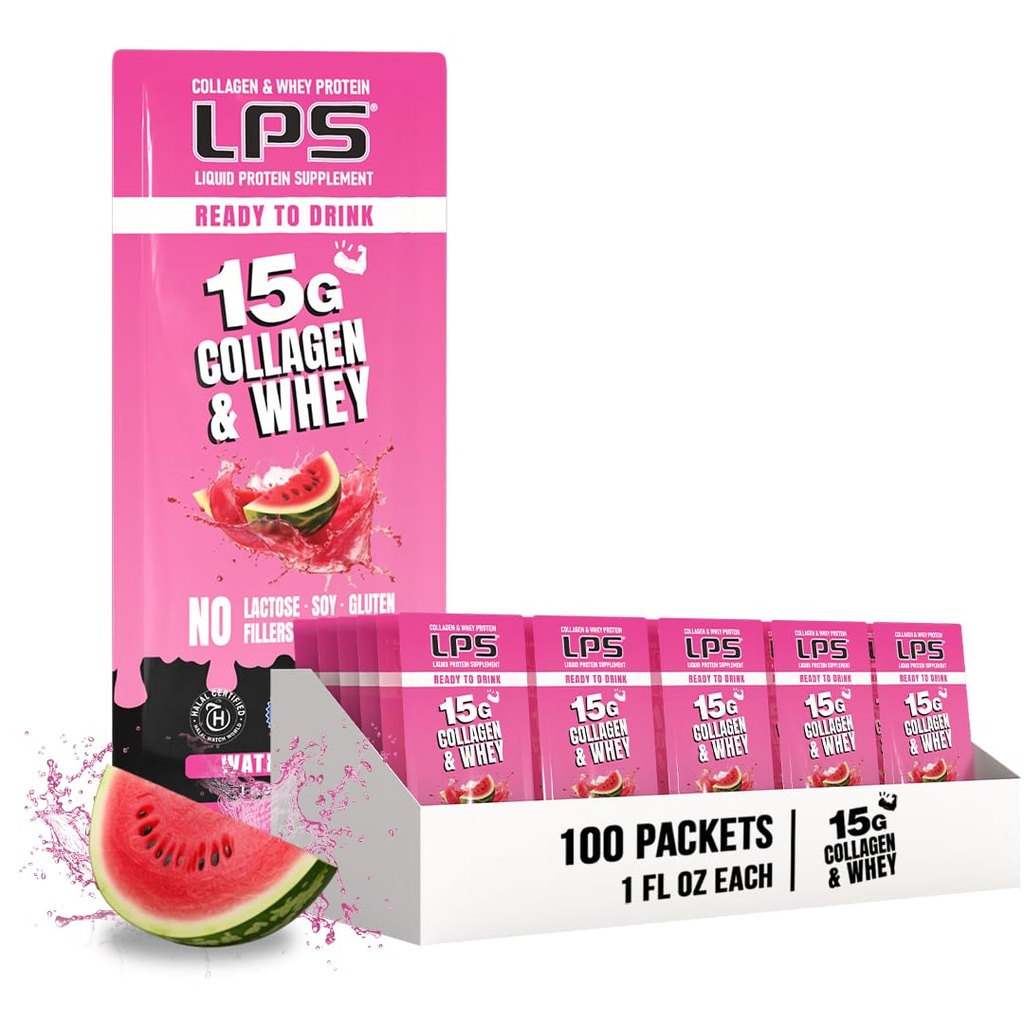 Nutritional Designs LPS Liquid Collagen & Serwatka suplement protein - Napoje niezawierające GMO, Bezcukrowe - Promotes Healthy Skin & Hair for Men & Women, Arbuz, Single Serve (100 pakietów)