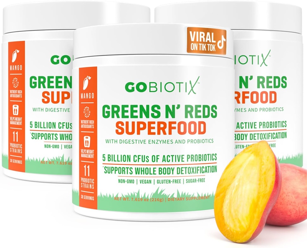 GOBIOTIX Super Zielone i czerwone proszku - Czerwony i zielony Superfood - Suplement probiotyczny - Enzymy trawienne i buraka w proszku - Organic Whole Foods Dietetyczny suplement (Mango, 3 Pack)