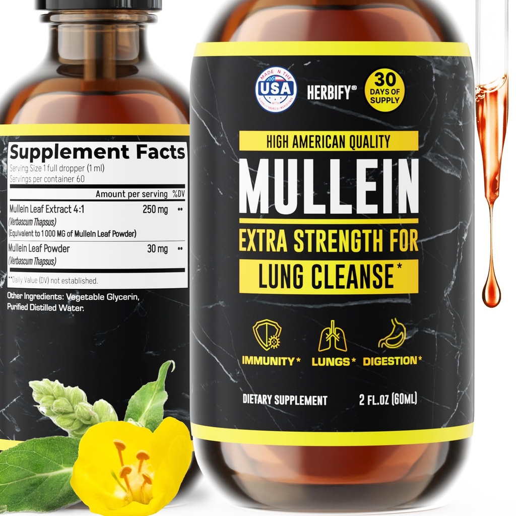 HERBIFY Mullein Extract 2 oz Tincture for Research Health, Mullein Leaf and Flowers Blend (Verbascum Densiflorum)