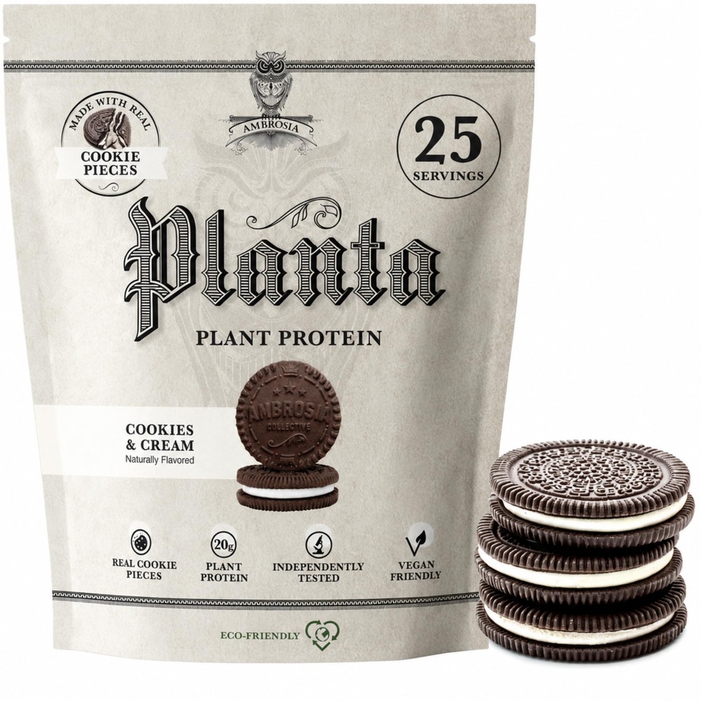 Ambrosia Planta - Premium Plant- Protein based 124; Vegan & Keto Friendly & 124; Smakołyki smakosz bez kwitnienia lub stomach Usset 124; Gluten & Soy Wolny 124; Nie dodawany cukier 124; 25 Służenie 124; Ciasteczka śmietankowe