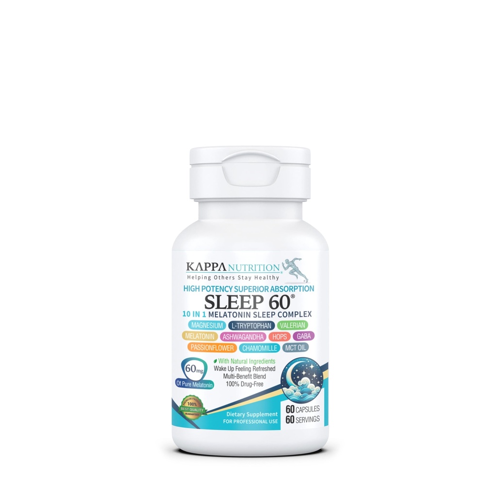 KAPPA NUTRITION Sleep 60, Sleep Aid, 60mg melatoniny, 60- Day Supply, Non-Habit Forming Vegan Kapsułki Naturalne Składniki dla łatwiejszego snu, Suplement ziołowy, Valerian Root, Rumianek Non-GMO