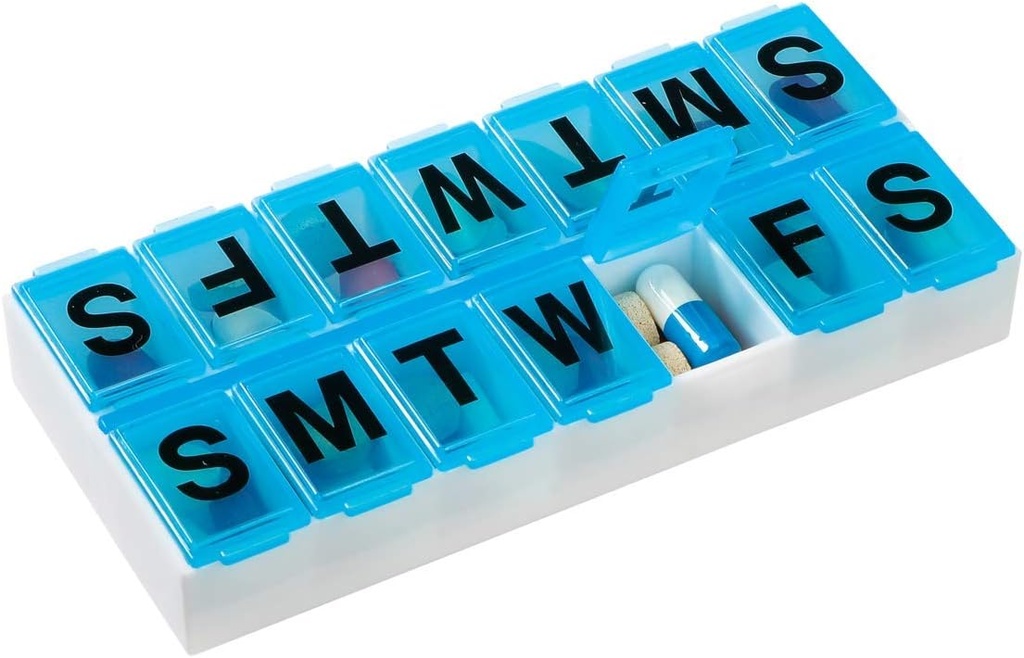 EZY DASE Tygodniowy (7- Day) Pill Organizator i Planer, Konturowany dół dla Easy Pill Usuwanie, Kolor może Vary