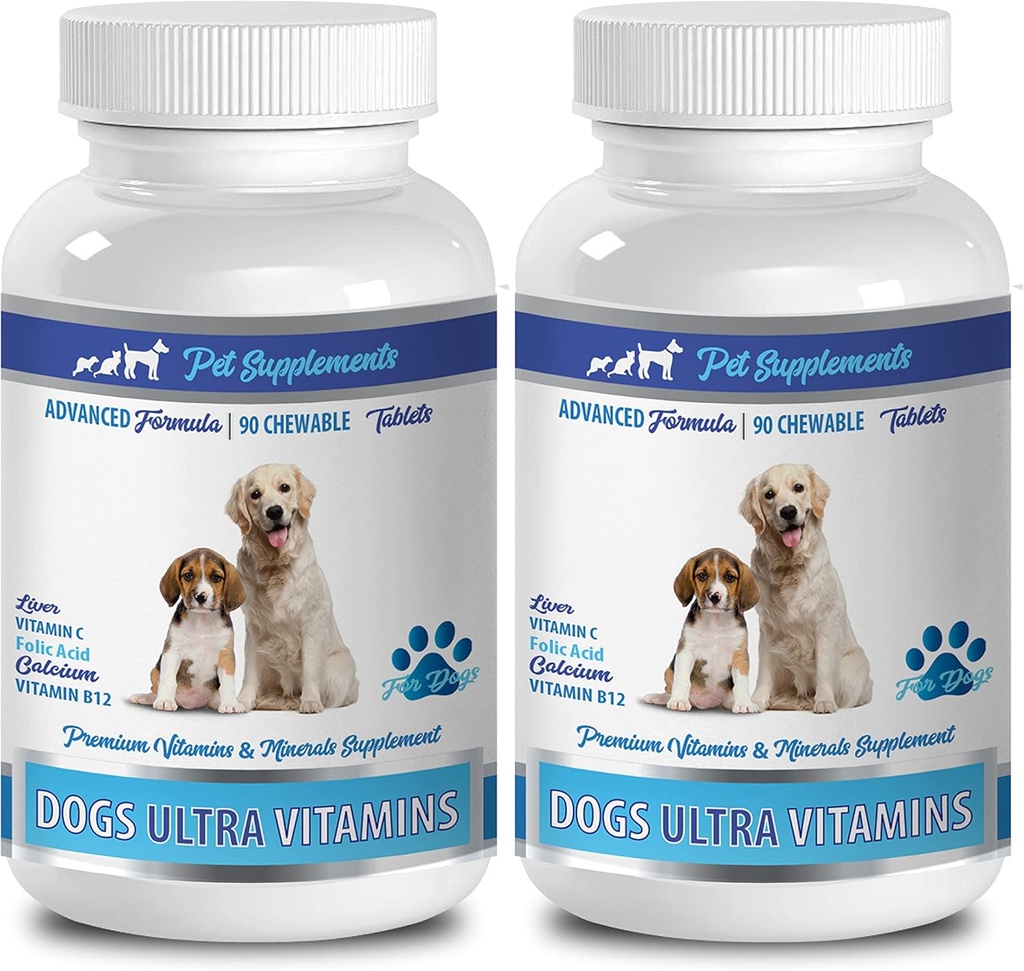 Bone Support dla szczeniąt - Psy Ultra Vitamin - CHEWABLE - Advanced Formula - Premium Minerały - Psy Wapnia Bones - 2 butelki (180 żuć)