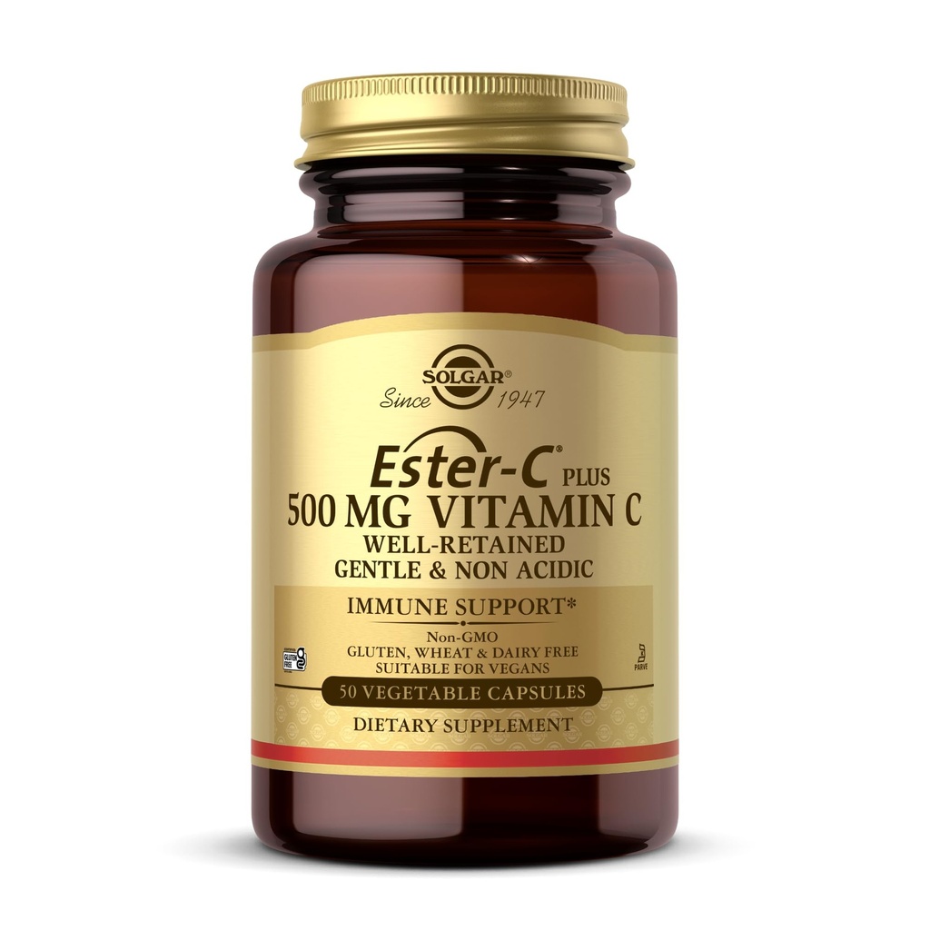 Solgar Ester- C Plus 500 mg Witamina C (Askorbinian Complex) - 50 Kapsułki roślinne - Delikatny & Non Acidic - Przeciwutleniacz & Wsparcie immunologiczne - Non GMO, Wegan, Gluten Free, Kosher - 50 Służenie