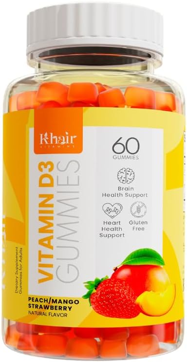 Khair Halal Witamina D3 Gummies dla kości i mięśni Wsparcie - Non-GMO, Gluten & Żelatyna Free, Wegetarianin, Halal- Certified, Natural Mango, Peach & Strawberry Flavors - 60 Gummies