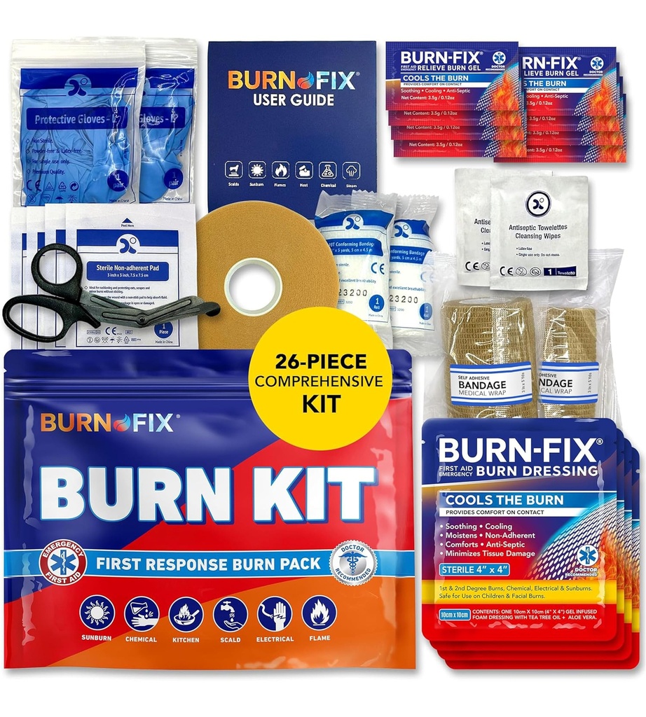 BurnFix ® Burn Kit pierwszej pomocy na wypadek pożaru - 26- Piece Burn Leczenie z chłodzeniem żel, opatrunki i rękawice - Kuchnia, oparzenia, Chemical & Scald Relief - Strona główna, Biuro, Podróże