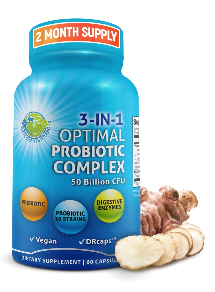 Probiotyki z enzymami digestycznymi i prebiotykami dla kobiet i mężczyzn - 3- in-1 Vegan Probiotic Prebiotic Multi Enzyme Complex for Gut Health - Kapsułki o maksymalnym stopniu wchłaniania