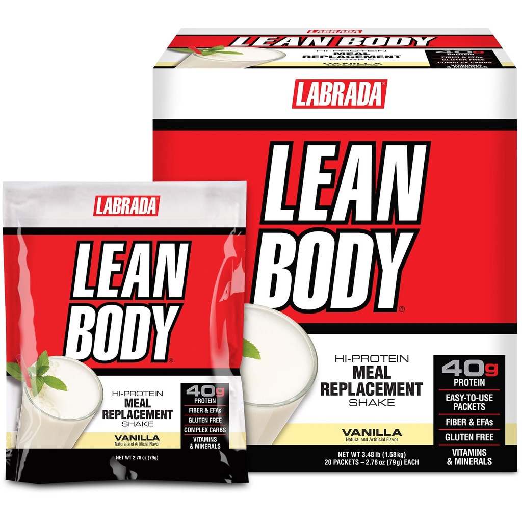 Lean Body MRP All- In- One Vanilla Meal Replacement Shake, 40g Protein, Serwatka Mieszanka, 8g Zdrowe Tłuszcze EFA & Fiber, 22 Witaminy i Minerały, Brak sztucznego koloru, Gluten Free, (20 Pakiety)
