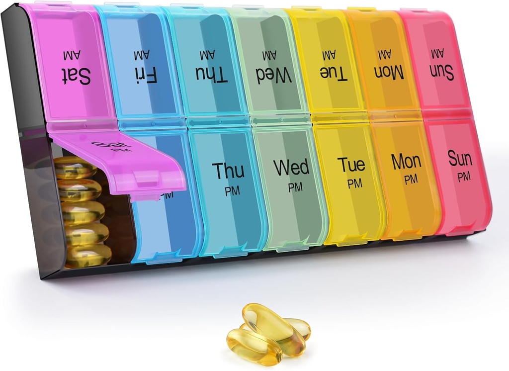 GREENCYCLE Extra duży cotygodniowy pill organizator 2 razy dziennie, 7 dzień pióro Pudełko AM PM Medicine Planner Dispenser Case z XXL pojemnik na pióro do suplementów oleju z witamin (Rainbow)