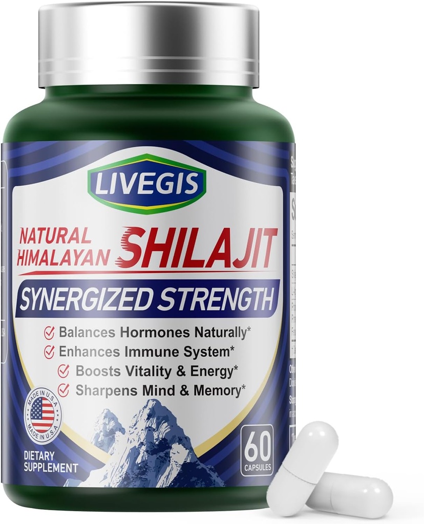Himalayan Shilajit Kapsułki Równowaga Hormony, Immunitet Boost, Zwiększenie witalności i pamięci, Wysokiej mocy Suplement z różnych składników, Non-GMO Natural & Organic - 60 Liczby