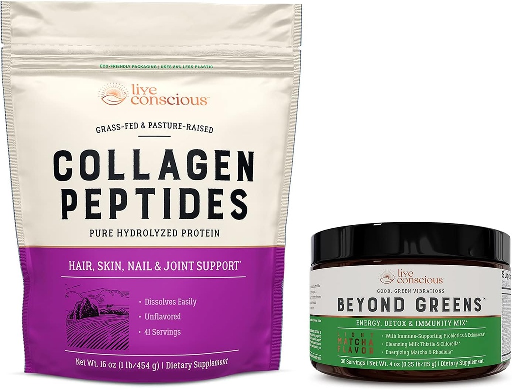 Kolagen Peptides & Beyond Greens 124; Włosy, Skóra, Nail, i Joint Support + Immune Boost, Detox, & Energia