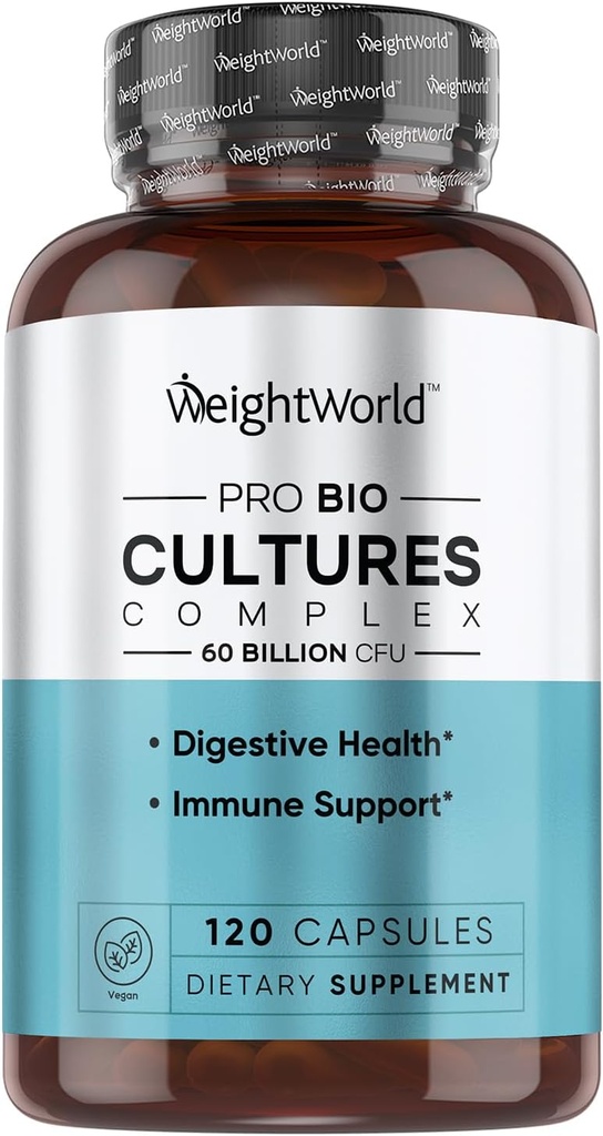 WeightWorld Bio Cultures Complex - Probiotyk dla Kobiet i Mężczyzn - Third- Party Lab Tested - 120 Kapsułek Wegańskich (2 miesiące dostaw) - 60 Miliard CFU z 20 Szczepów Probiotycznych - Wegan, Non-GMO & Gluten- Free