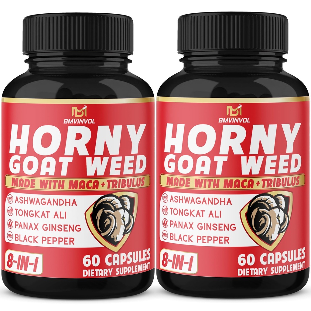 BMVINVOL (2 opakowania) Horny Goat Weed Capsules with Maca, Tribulus, Ginseng. Ashwagandha, Tongkat Ali - 8- in-1 dla poziomów energii wsparcia