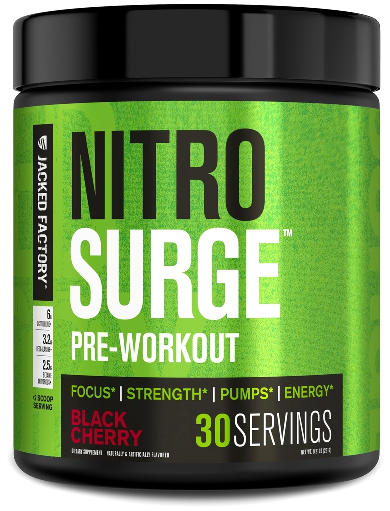 Jacked Factory NITROSURGE PreWorkout Supplement - Endless Energy, Instant Siła Zyski, Clear Focus i intensywne pompy - NO Booster & Potężny Prettenment Energy Powder - 30 Służenia, Black Cherry
