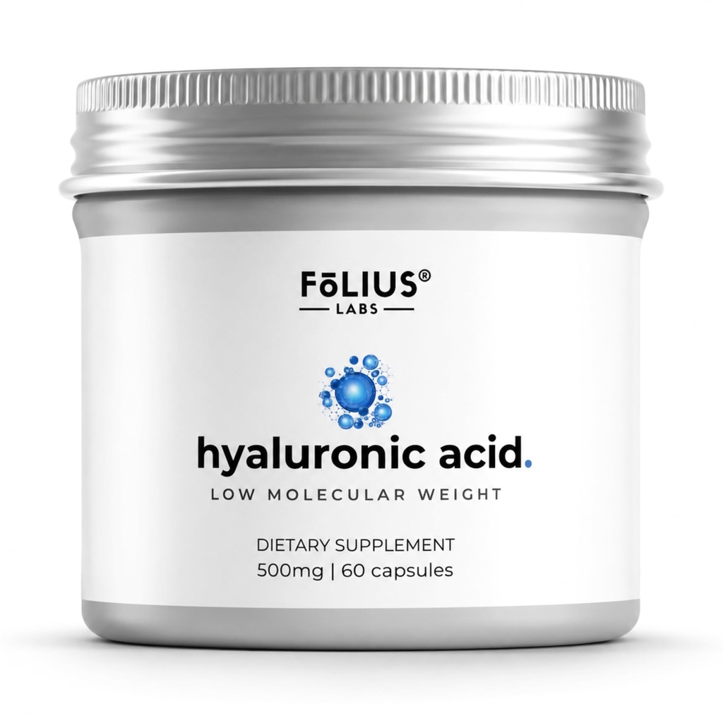 Wysoka czystość Kwas hialuronowy Kapsułki 500 mg - 95% Hyaluronian sodu - Wysoko oczyszczony i biodostępny - Niska masa cząsteczkowa - Nie-GMO Fermentowany - 60 Kapsułki