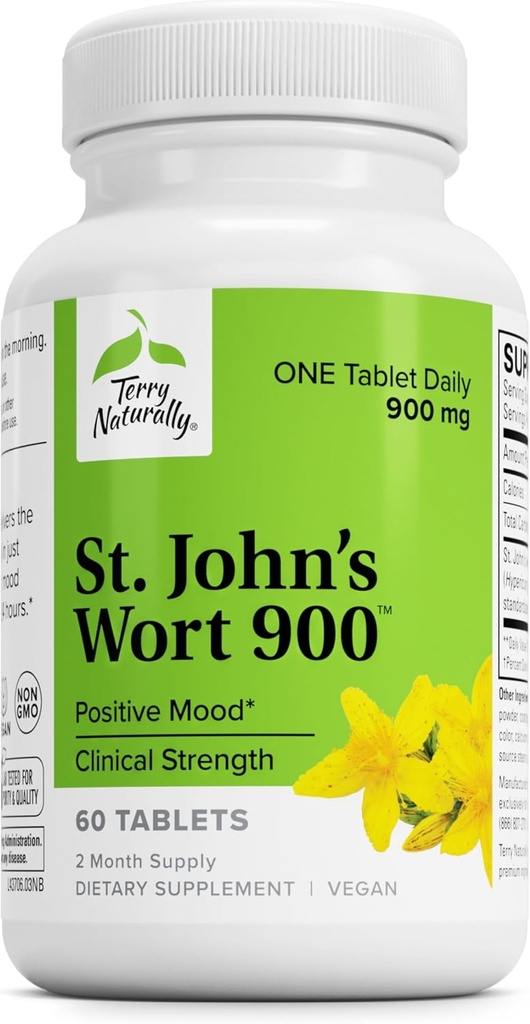 Terry Natural St John 's Wort 900- 60 Tabletki - Zapewnia pełną dawkę kliniczną - Non-GMO, Wegan, Gluten Free - 60 Servings