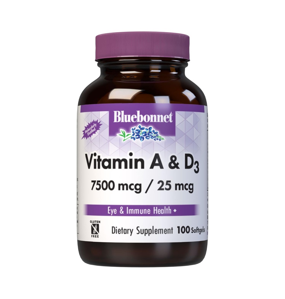 Bluebonnet Nutrition Witamina A & D3 25,000 j.m. / 1000 j.m. z Morza Deep, Zimna woda, Olej rybny - Dla zdrowia oczu i funkcji immunologicznej * - Gluten Free - Dairy Free - Molekularnie destylowane - 100 Softgel / Służenie