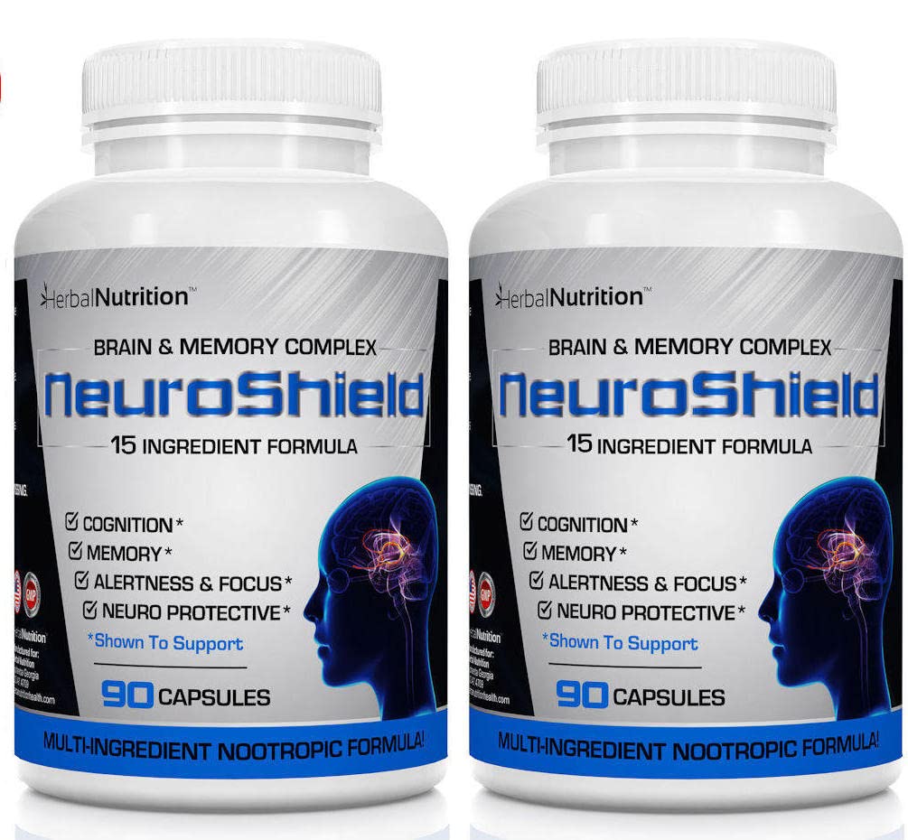 NeuroShield, Brain Supplement a Nootropic Brain Booster and Memory Supplement, Zawiera Huperzine A, Ginko Biloba, Bacopa Plus Antioksydants for Brain Health, Multi- Składniki, 2 butelki, 180 kapsułki