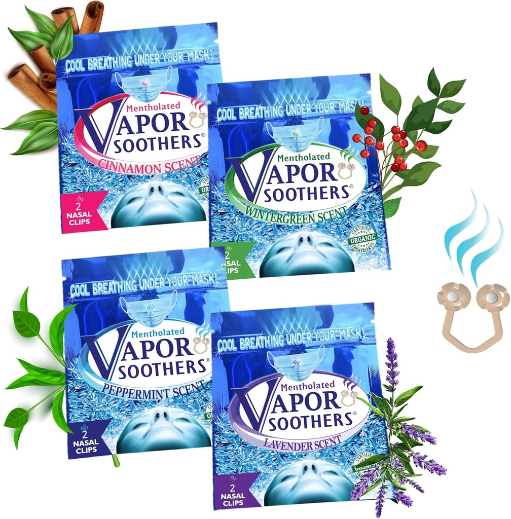 Nasal Dilator Clips, Cool & Easy Breathing Under Your Mask, 4- Scent Variety Pack (Peppermint, Wintergreen, Cynamon, Lavender), 8 Count, Instant nosowy Relief, Drug-Free